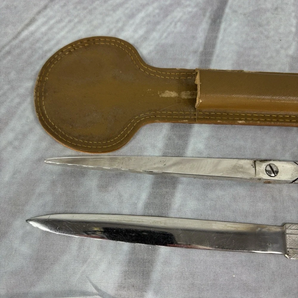 VTG Solingen Germany Engraved Scissors Letter Opener Set Leather Sheath